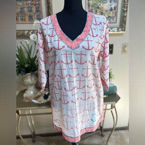 ECOACCENTS CASUAL BEACH POOL NAUTICAL ANCHOR PEACH & WHITE TUNIC COVERUP SZ M
